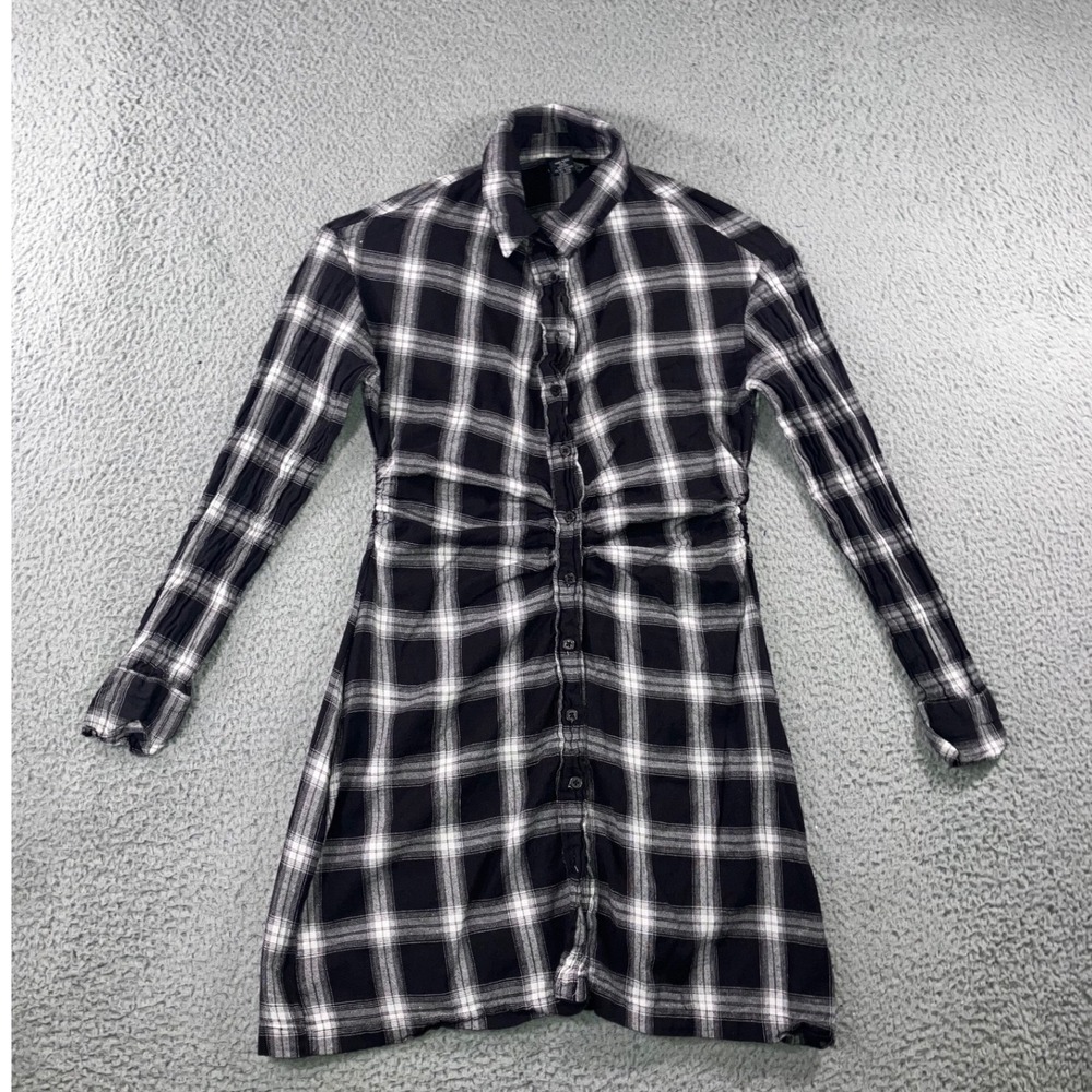Plaid Shirt Dress Medium Black White Ruched Waist Button Front Cotton Monochrome